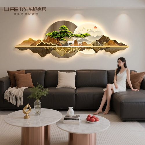 新中式客厅装饰画 画现代轻奢灯画 画迎客松壁画 画新款沙发背景