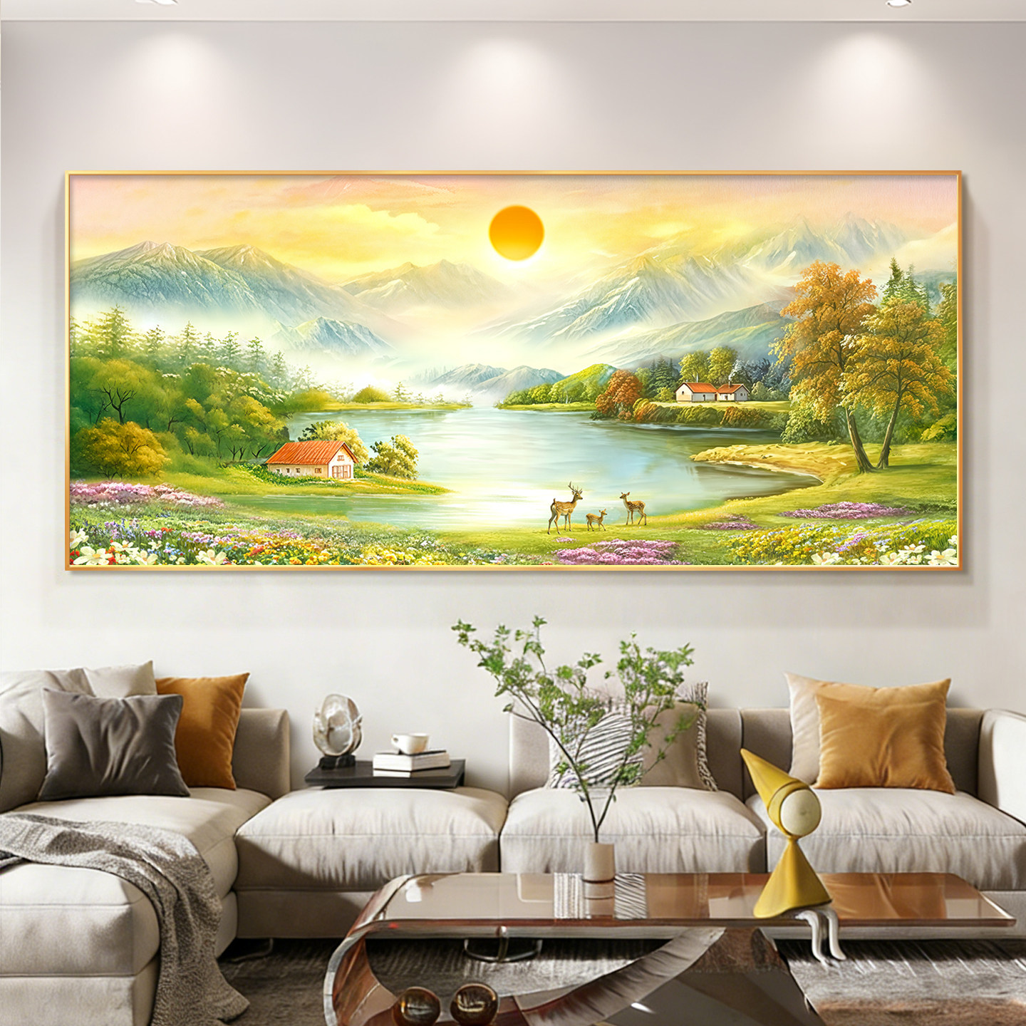 旭日东升沙发背景墙装饰画聚宝盆山水画客厅挂画聚财手绘油画壁画,家居饰品,现代装饰画,淘宝优惠券,粉丝福利购,淘宝优惠卷