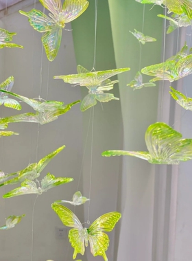 春季DIY水晶蝴蝶挂饰绿色系吊饰背景装饰渐变炫幻彩环创空中婚庆