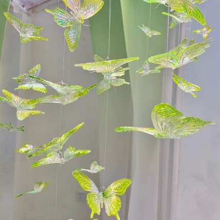 春季DIY水晶蝴蝶挂饰绿色系吊饰背景装饰渐变炫幻彩环创空中婚庆