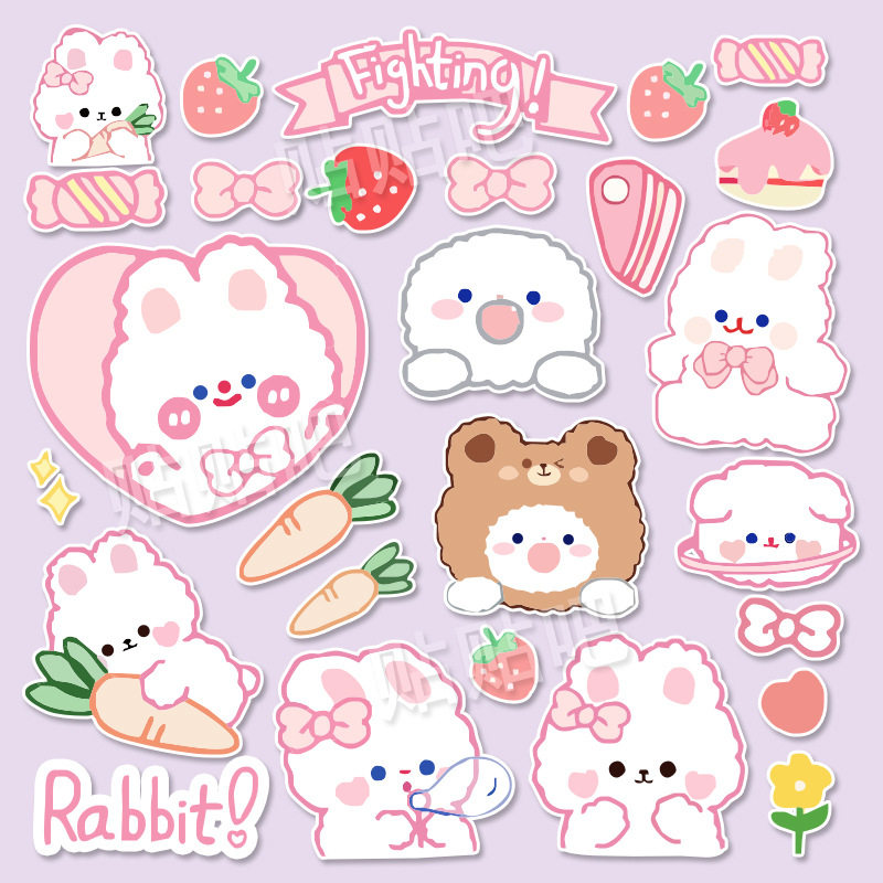 整张卡通可爱粉色兔子汽车电动行李箱玻璃手机壳电脑装饰素材贴画