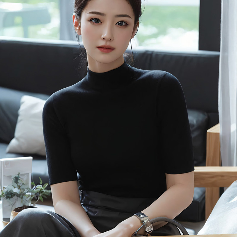 半高领针织衫女套头中袖2026新款春秋款修身五分袖打底衫内搭上衣