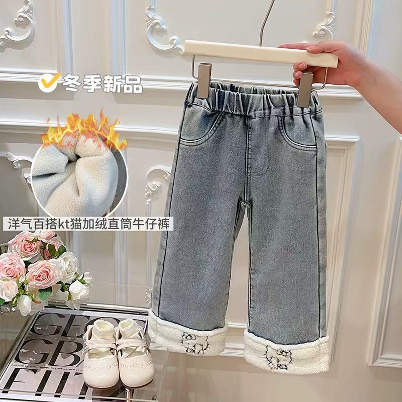 女童2025冬季新款舒适牛仔裤加绒加厚女宝宝可爱洋气休闲宽松裤子