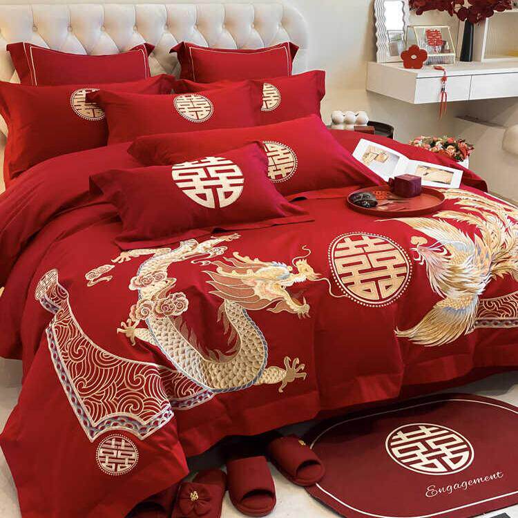 中式龙凤刺绣纯棉婚庆四件套全棉大红色床单高档结婚喜庆被套床品