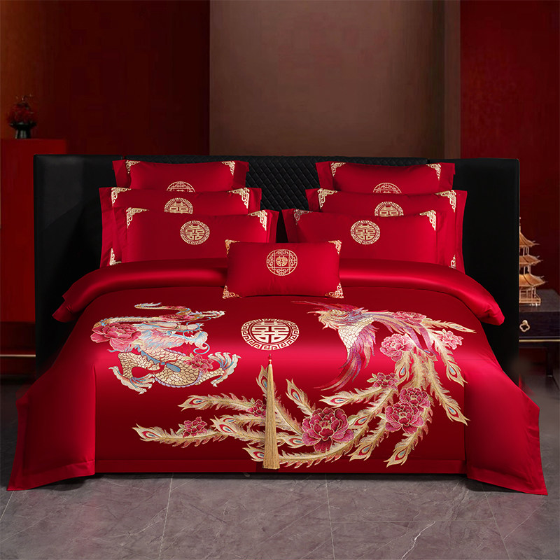 高档龙凤纯棉婚庆四件套全棉重工刺绣喜被套红色结婚陪嫁床上用品