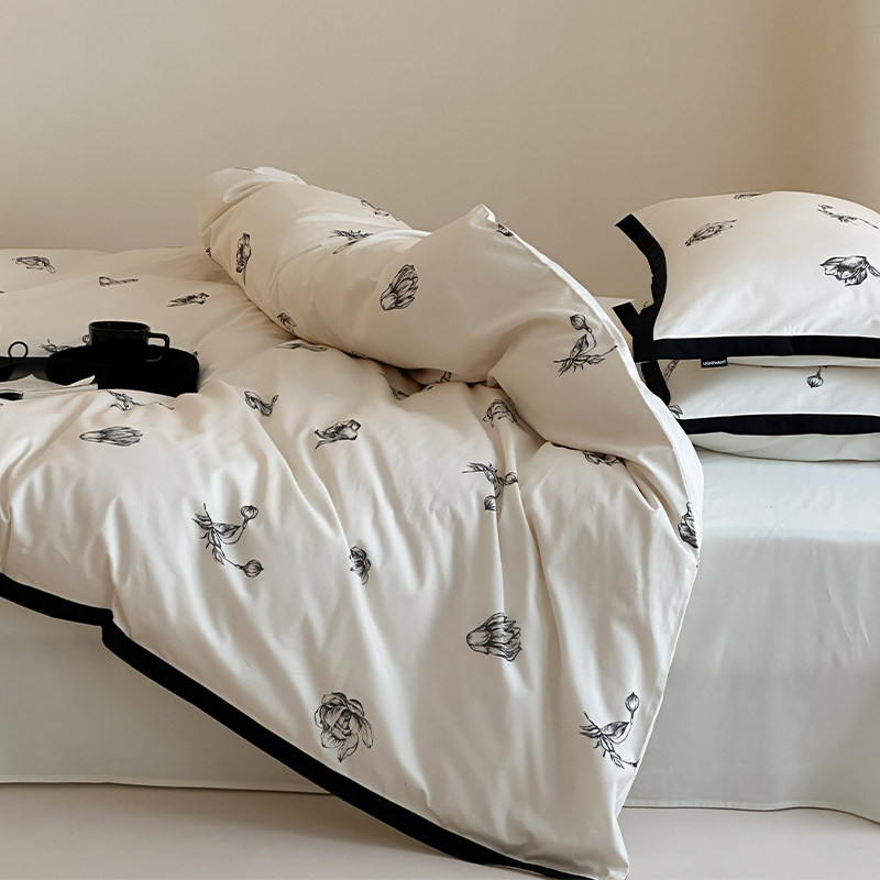 莫语 纯棉印花四件套亲肤 白色床上用品床单款双人床床品床笠款,床上用品,床品套件/四件套/多件套,淘宝优惠券,粉丝福利购,淘宝优惠卷