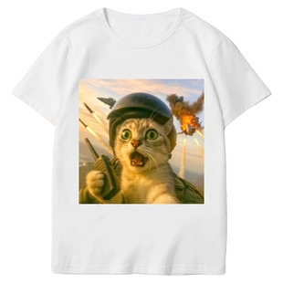 搞怪飞行员猫咪meme短袖男t恤女夏季2025新款恶搞T恤学生搞笑上衣