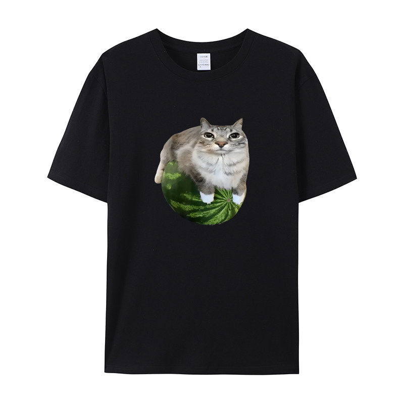 西瓜猫咪印花男女宽松短袖T恤