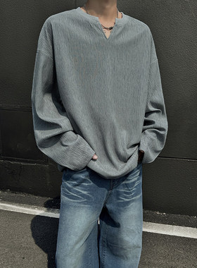 tachiism店2024新品韩版时尚青少年个性潮纯色V领F2CE长袖T恤