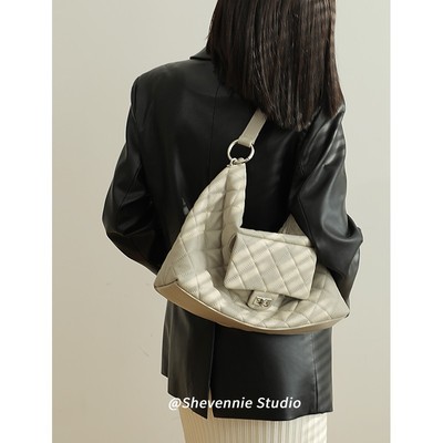 小香风复古牛皮大号托特包菱格包