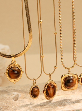 天然虎眼石不锈钢吊坠项链不掉色