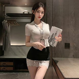 霏慕深V露沟蕾丝秘书套装性感制服女独特漂亮气质高级感ootd穿搭