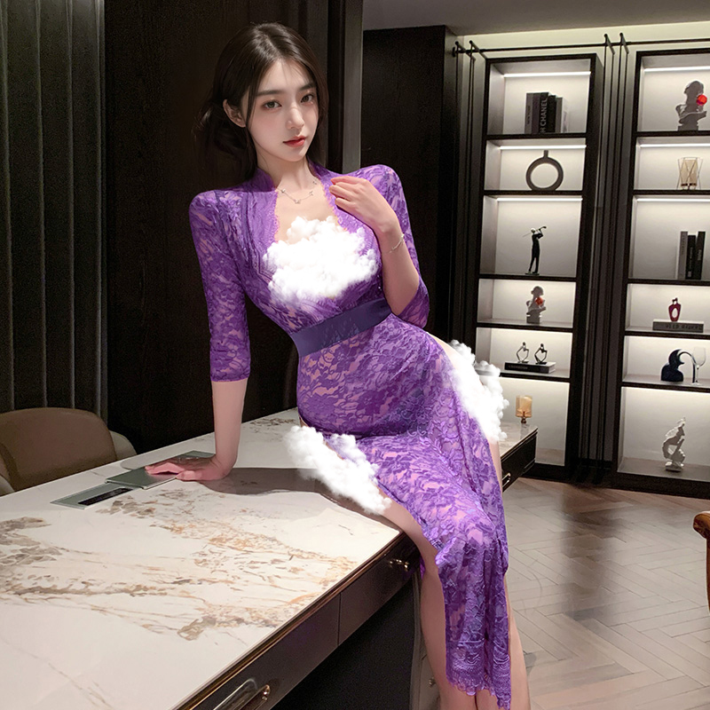 霏慕深V高开衩透视蕾丝长裙连衣裙女2025新款春秋款裙子春装礼服