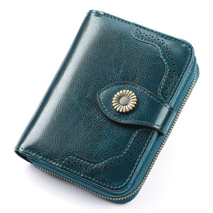 两折女式 钱包 拉链复古油蜡牛皮钱夹现货 真皮女士短款 圣蒂梵热卖