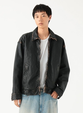 限时折扣 BEAMS USED leather zip blouson 复古做旧宽松羊皮夹克