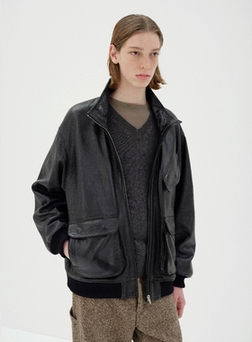 AURALEE LAMB LEATHER ZIP BLOUSON25AW做旧土耳其羊羔皮夹克皮衣
