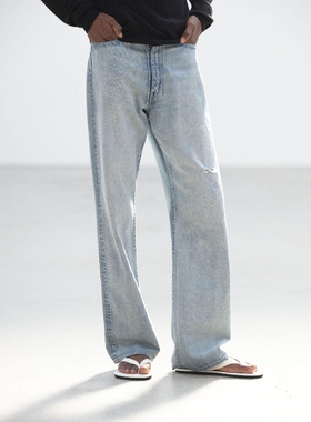 AURALEE LIGHT DENIM PANTS 26SS 复古水洗破坏做旧直筒牛仔裤