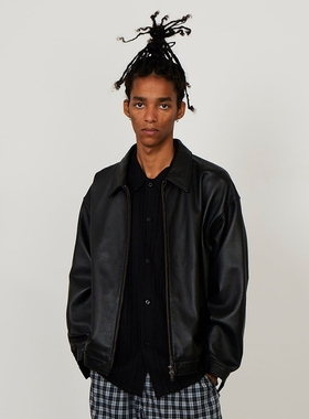 BEAMS leather zip blouson 25AW 小羊皮复古短款宽松皮衣夹克