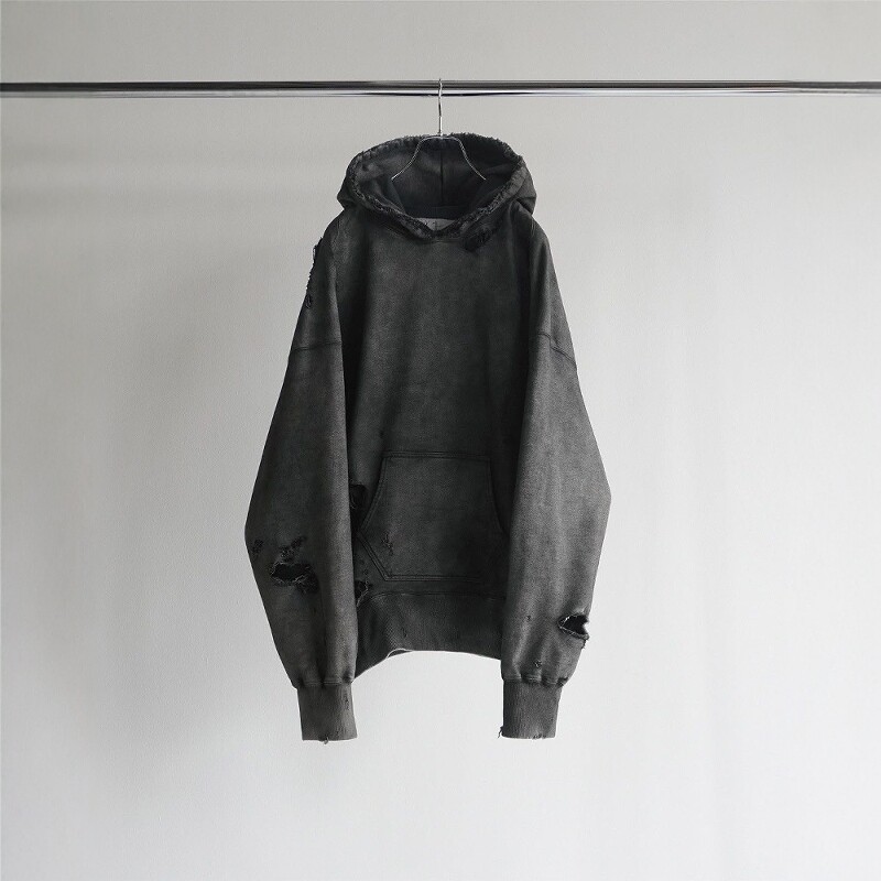 ANCELLM AGING CRASH HOODIE 24AW 复古做旧重度破坏水洗蜡染帽衫