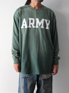 BOWWOW ARMY LS AGED 25AW 复古做旧绿色军事风印花宽松长袖T恤