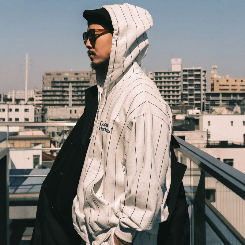 COOTIE印花条纹拉链运动帽衫