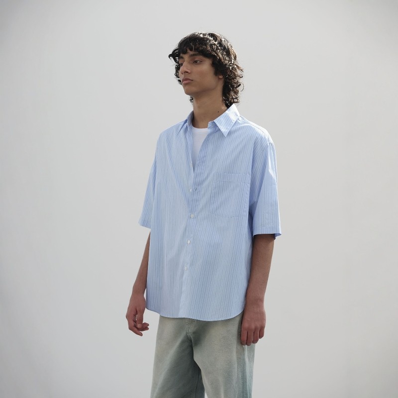 AURALEE SUVIN HIGH STRIPE SHIRT 25SS 极细羊毛竖条纹短袖衬衫