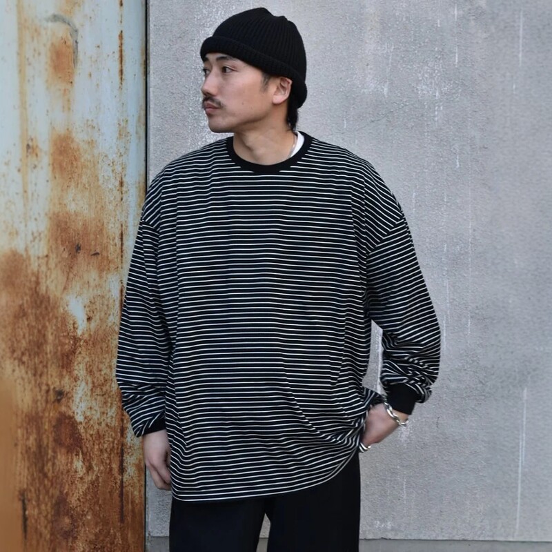 COOTIE匹马棉条纹宽松长袖T恤