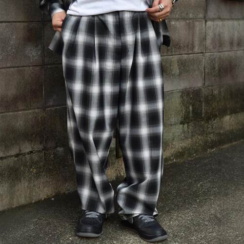 COOTIE羊毛混纺格纹双褶宽松长裤