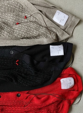 ANCELLM LACED KNIT CARDIGAN 26SS 复古亚麻蕾丝镂空V领针织开衫