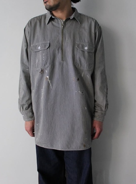 BOWWOW WORK HICKORY STRIPE SHIRTS 25SS复古条纹污渍半拉链衬衫