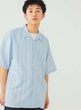 BEAMS dobby open collar shirt 24SS 条纹亚麻清凉开领短袖衬衫