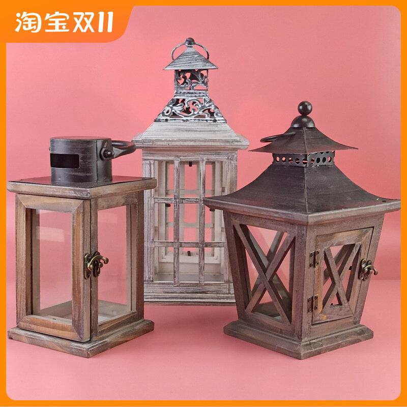 美式复古烛台做旧实木风灯烛台铁艺烛台风灯餐桌装饰品家居摆件_虎窝淘