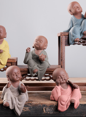 禅意小摆件茶宠陶瓷小和尚手工泥人微景观盆景桌柜边缘造景装饰品