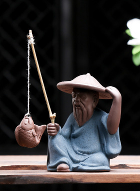 花盆小摆件陶瓷老翁钓鱼创意仿古装饰盆景造景家居微景观花宠配件