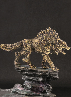 霸气荒野狼黄铜摆件仿古玩古董桌面铜摆设狼图腾动物古铜手把件