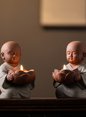 烛台摆件陶瓷创意小和尚中式禅意供奉装饰品香薰蜡烛家用桌面摆设