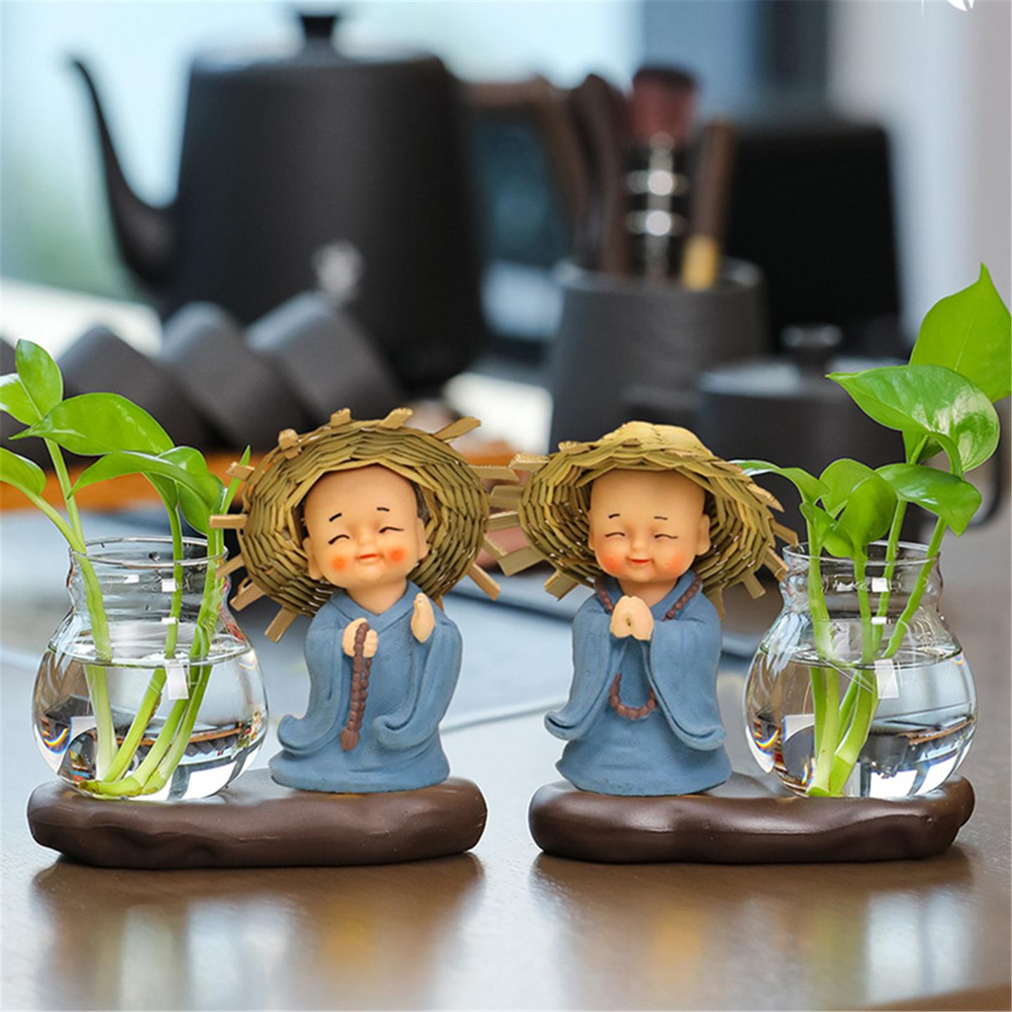 草帽和尚家居摆件玻璃瓶水养植物花瓶办公桌装饰高级感轻奢小摆件