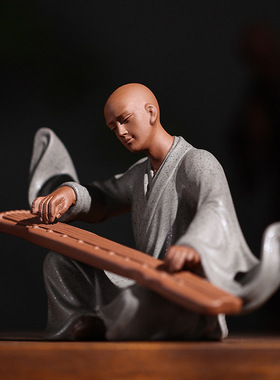 禅意小和尚摆件中式家居抚琴人物陶瓷装饰品弹琴小僧茶室桌面摆设