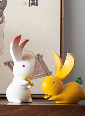 可爱兔子陶瓷摆件小白兔家居桌面装饰品新年创意礼物招财如意玉兔