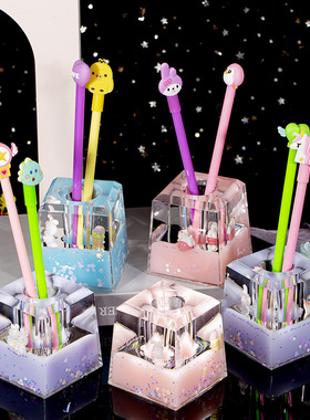 少女心方形卡通笔筒果冻色乳水油滴沙漏办公桌面笔插装饰摆件礼品