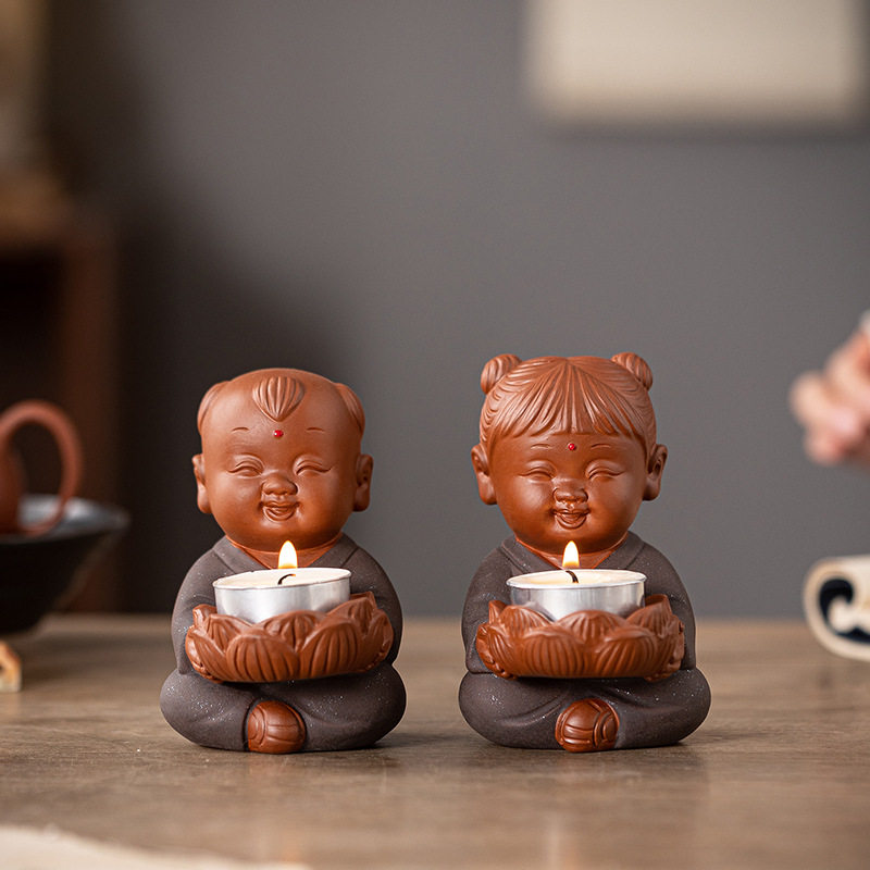 陶瓷金童玉女摆件莲花烛台男孩女孩善财童子龙女紫砂佛像家用供奉