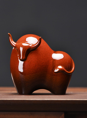 创意牛气冲天陶瓷红色牛摆件中式家居客厅招财装饰吉祥物酒柜摆设