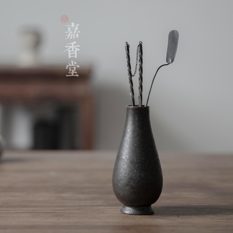 陶瓷嘉香堂瓶香炉瓶三事黑铜釉