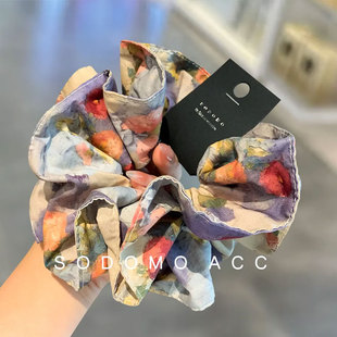 莫奈花园油画晕染花朵发圈女高弹力气质扎马尾头绳韩国头花发饰