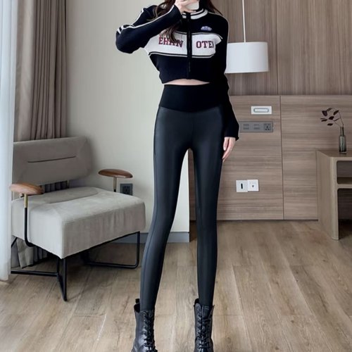 秋冬加绒保暖高腰提臀瑜伽皮裤女