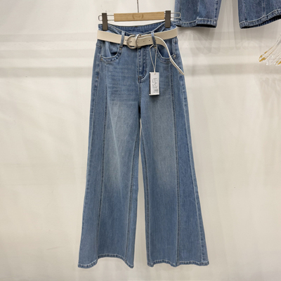 水品轩直筒微喇牛仔裤女1368春季新款高腰长裤显瘦遮胯蓝色裤子