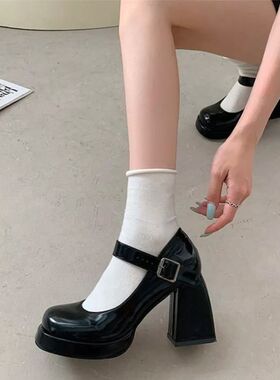 新款粗跟气质高跟鞋2025春夏季黑色浅口女单鞋一字扣带玛丽珍鞋潮