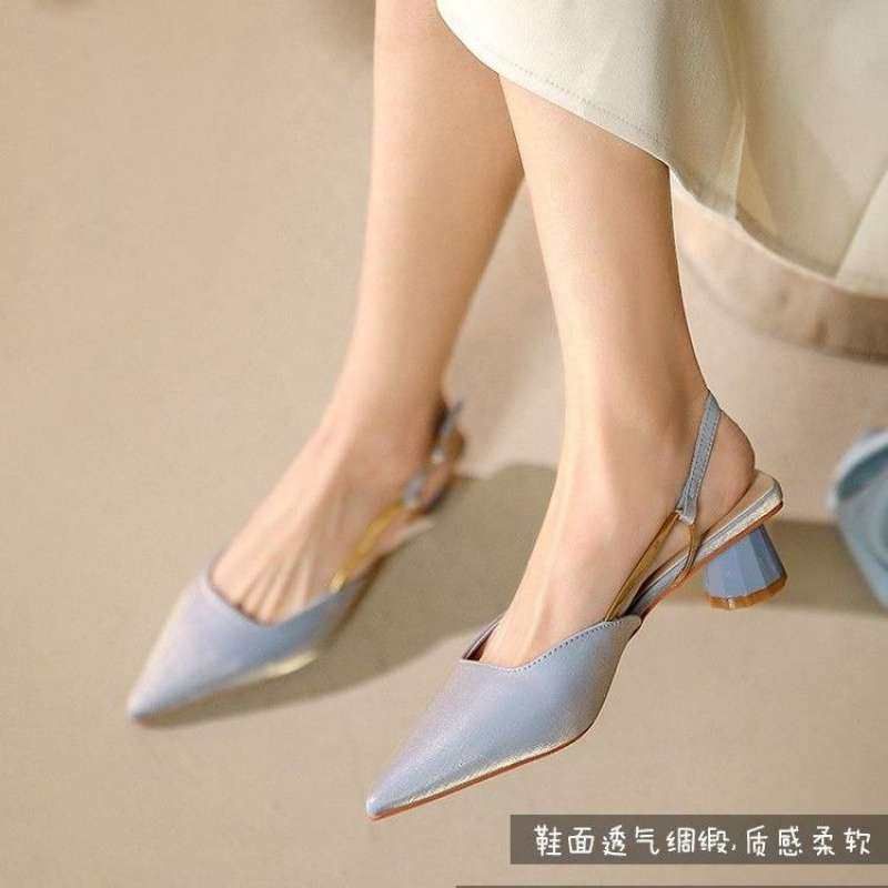 法式绸缎气质低跟包头凉鞋女鞋2罗马凉鞋
