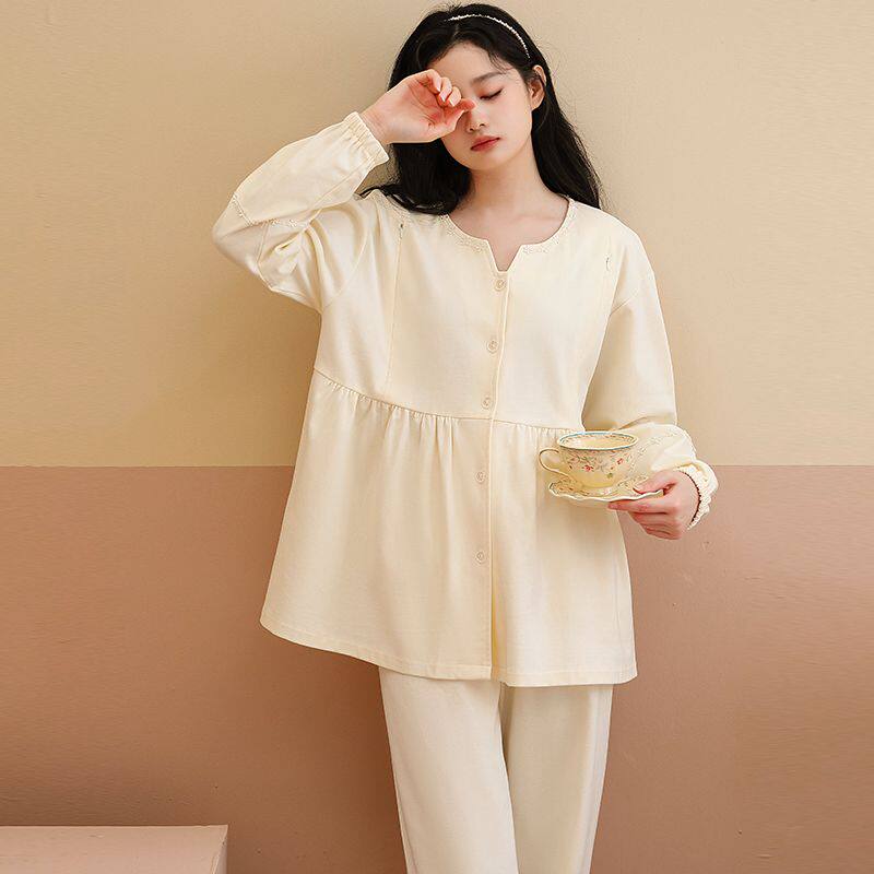 纯棉长袖月子服春秋孕妇睡衣哺乳服夏孕期产后可调节家居服套装