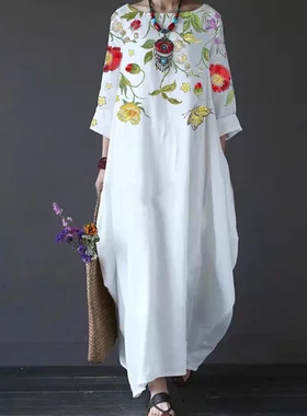 新品欧美外贸女装女式印花宽松加大码连衣裙舒适棉麻连衣裙